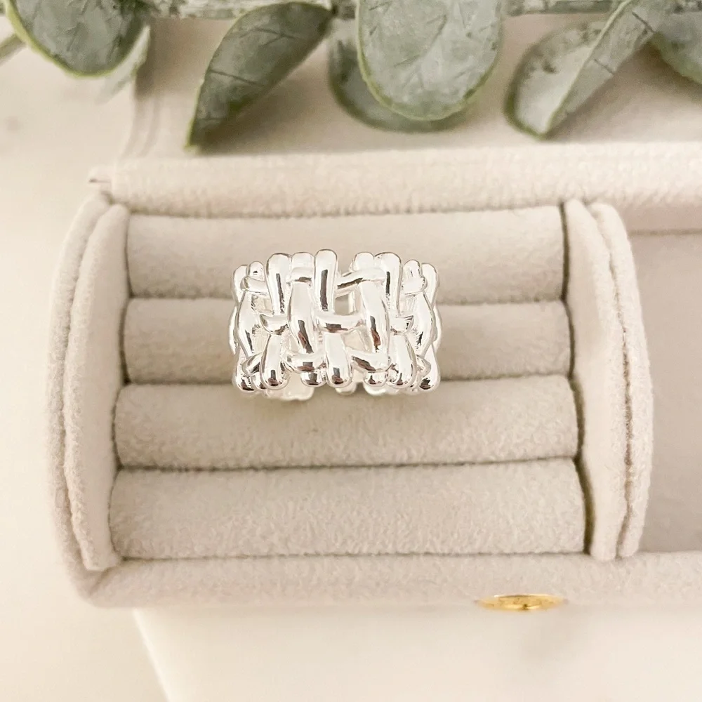 925 Sterling Silver Chunky Bold Statement Ring Thick Wide Ring Woven Ring Band - Picture 4 of 9